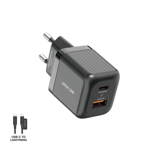 Green Lion Ultra Compact GaN Wall Charger 2 Port EU Pin PD20W + QC3.0 with Type-C to Lightining Cable
